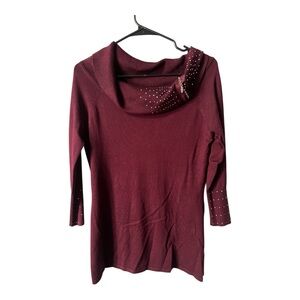 Women's Wine Cowl Neck Sweater with Embellished Collar